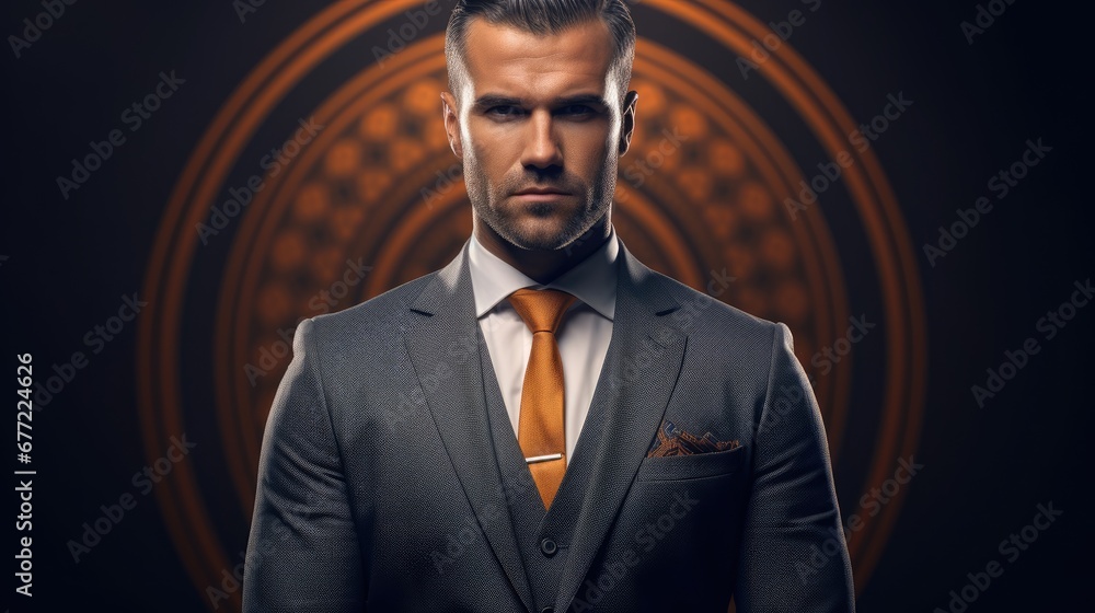 Poster a man in a suit and tie standing in front of a dark background with an orange circle in the center. 