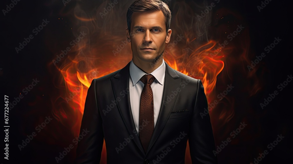 Poster a man in a suit and tie standing in front of a dark background with red and orange flames behind him