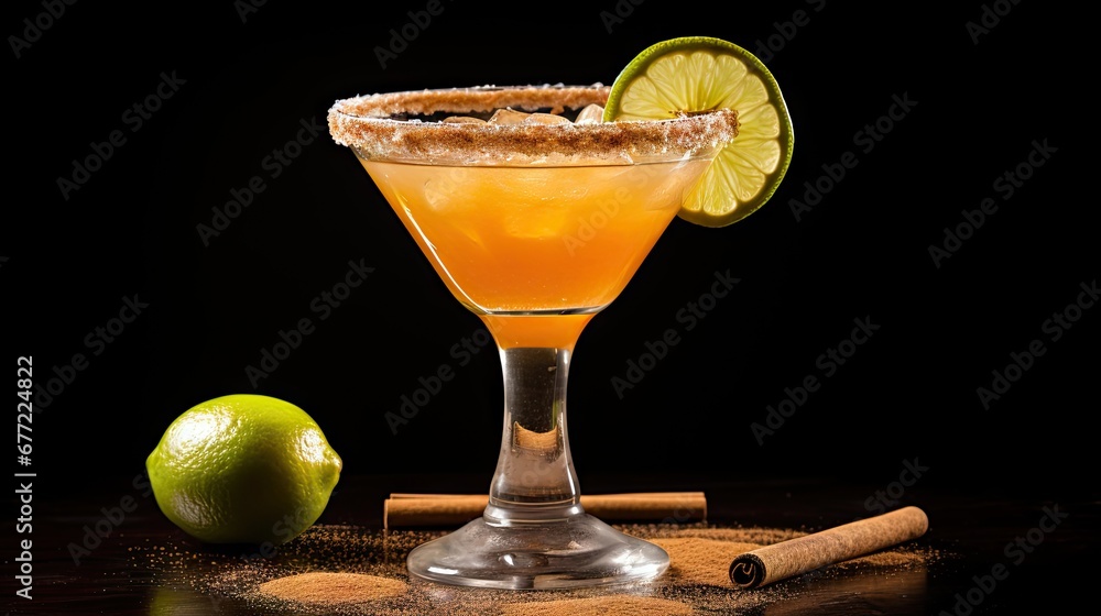Poster a close up of a drink in a glass with a lime and a cigar on a table with a black background. generat