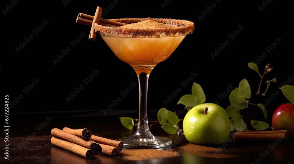 Poster a glass filled with an apple cider next to a cinnamon stick and a cinnamon stick on a table next to 