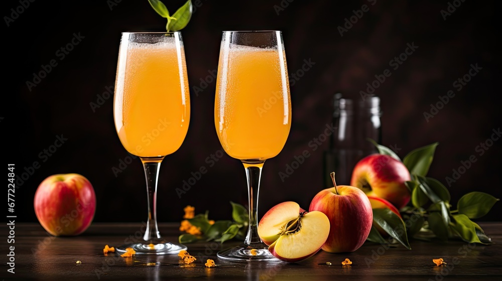 Poster two glasses of apple cider on a table with apples and a bottle of cider on the side of the glasses. 