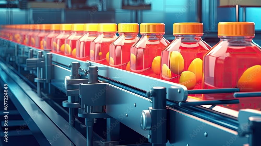 Poster a line of bottles of orange juice are lined up on a conveyor belt in a factory or assembly line. gen