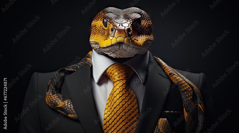 Aufkleber a man in a suit and tie with a snake on it's head and a snake on his lapel. generative ai