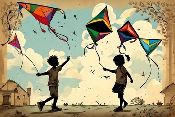 a silhouette of a Children flying kites