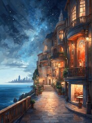 night oil painting of the old town on the sea with starry sky and lights on in the houses and shops. the skyscrapers of the new city are in the distance in the background - obrazy, fototapety, plakaty
