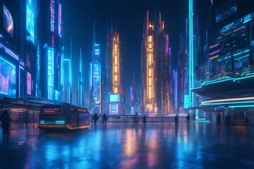 Sci-fi cityscape with holographic advertisements and digital billboards - obrazy, fototapety, plakaty