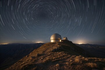 landscape of an isolated mountain dome observatory under star trails sky at night - obrazy, fototapety, plakaty