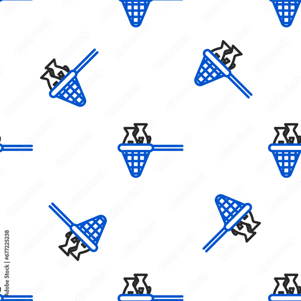 Poster line fishing net with fish icon isolated seamless pattern on white background. colorful outline conc