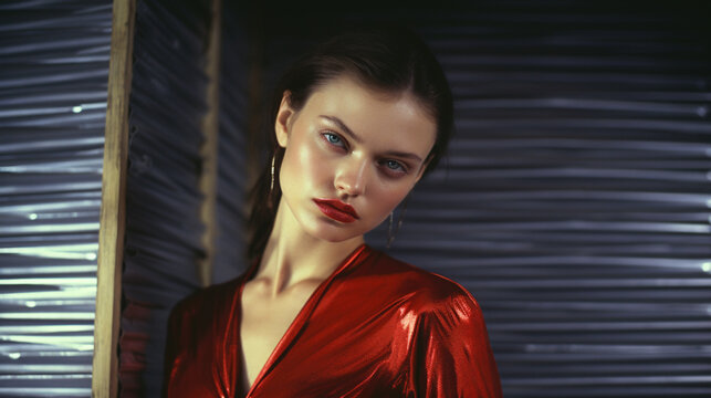 A fashion editorial photoshoot of a female model in red