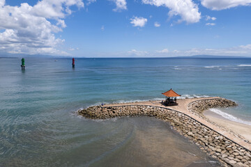 Aerial view of Sanur beach on sunny day. Denpasar, Bali, Indonesia.