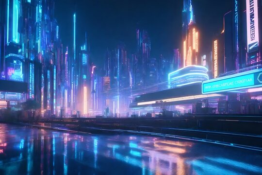 Fototapeta Sci-fi cityscape with holographic advertisements and digital billboards