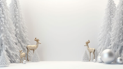 A white frame background with christmas ornaments, trees, and deer. Minimalist backgrounds