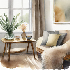 Cozy Corner, Craft a comforting retreat with faux fur, soft lighting, and earthy tones in a Scandinavian living room.