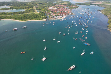 Aerial view of Roadstead in Keramba Wayan Apel Strait and Serangan district on sunny day. Denpasar,...