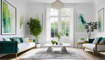 Minimalist Marvel, Achieve simplicity in your Scandinavian living room with functional furnishings, monochromatic hues, and greenery. - obrazy, fototapety, plakaty