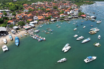 Aerial view of Serangan island and his roadstead on sunny day. Denpasar, Bali, Indonesia.
