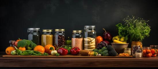 The background of the kitchen is filled with the warm hues of wood and the inviting glow of the light as fruits and colorful vegetables stand proudly on the table promoting a healthy and gre - obrazy, fototapety, plakaty