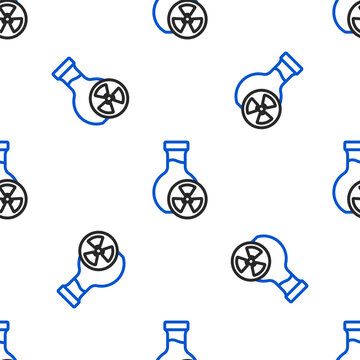 Line Laboratory chemical beaker with toxic liquid icon isolated seamless pattern on white background. Biohazard symbol. Dangerous symbol with radiation icon. Colorful outline concept. Vector