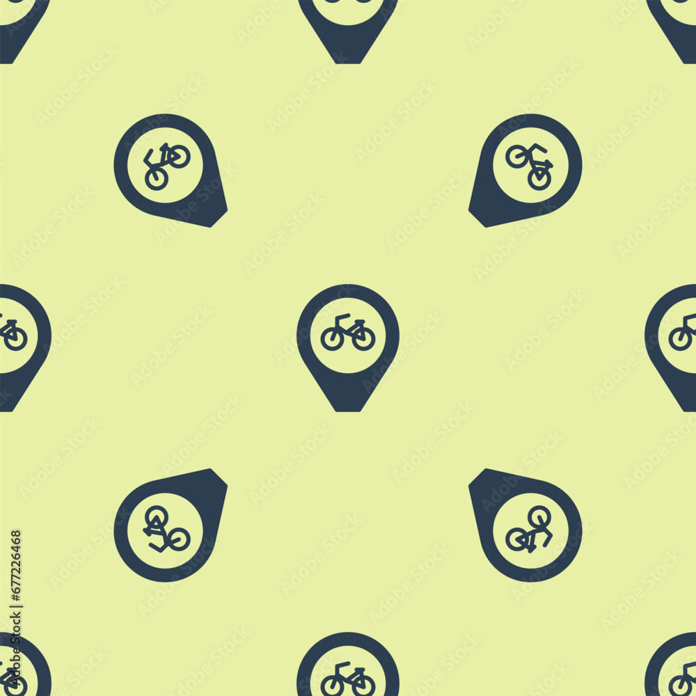 Aufkleber blue map pointer with bicycle icon isolated seamless pattern on yellow background. vector