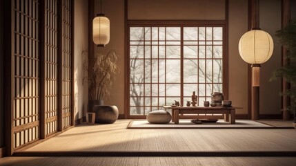 Japandi interior design wood paper lanterns doors 