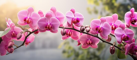 The beautiful background of lush green nature is adorned with vibrant pink orchids their delicate...