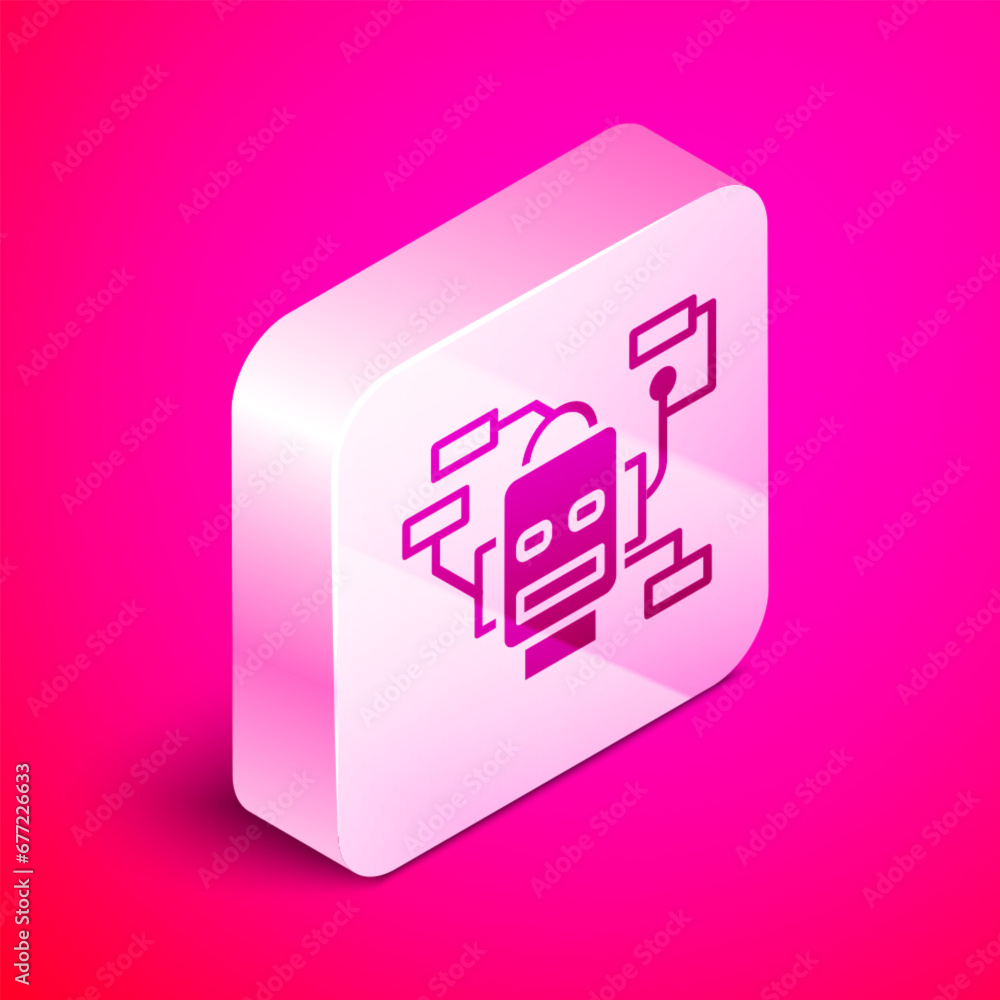 Poster isometric robot icon isolated on pink background. artificial intelligence, machine learning, cloud c
