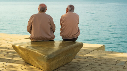Two male friends by the beach sitting and talking while watching at the ocean Two retired men...