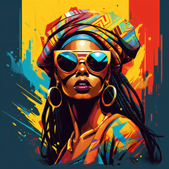 colorful and modern black woman with cool sunglasses and a turban in front of a abstract background	