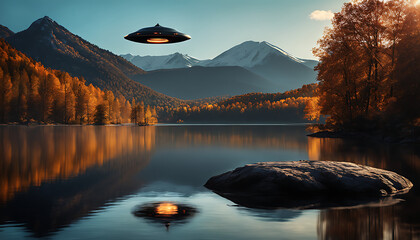A black circular UFO hovers over water, with mountains and fallen trees in the background