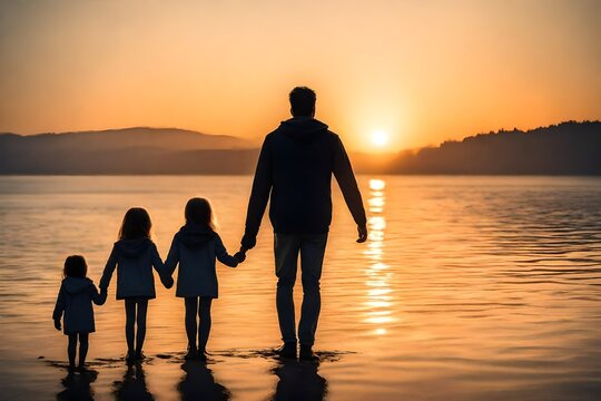 silhouette of a father and daughters on the beach