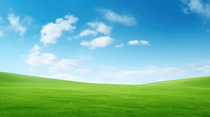 Lush green grass under bright blue sky with clouds 