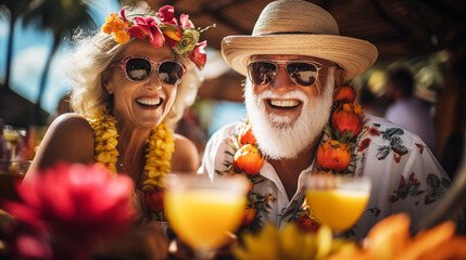 Photo of happy tourists, a man and a woman, participating in a tropical feast with tropical fruits, glasses of tropical cocktails, on a tropical beach