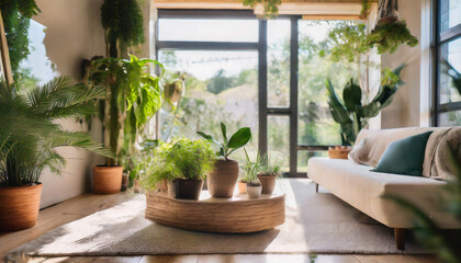 Fototapeta na wymiar Nature's Embrace, Blur indoor-outdoor lines in a Scandinavian living room with large windows, potted plants, and wooden accents.