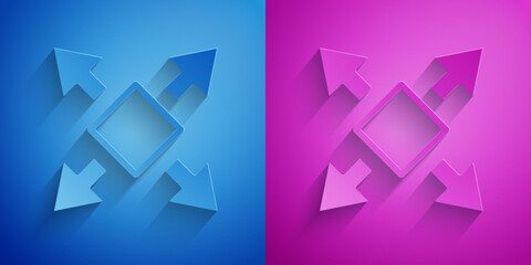 Paper cut Many ways directional arrow icon isolated on blue and purple background. Paper art style. Vector
