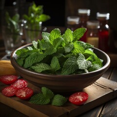 fresh mint in a bowl with tomatoes resting on a wooden chopping board, generative ai 