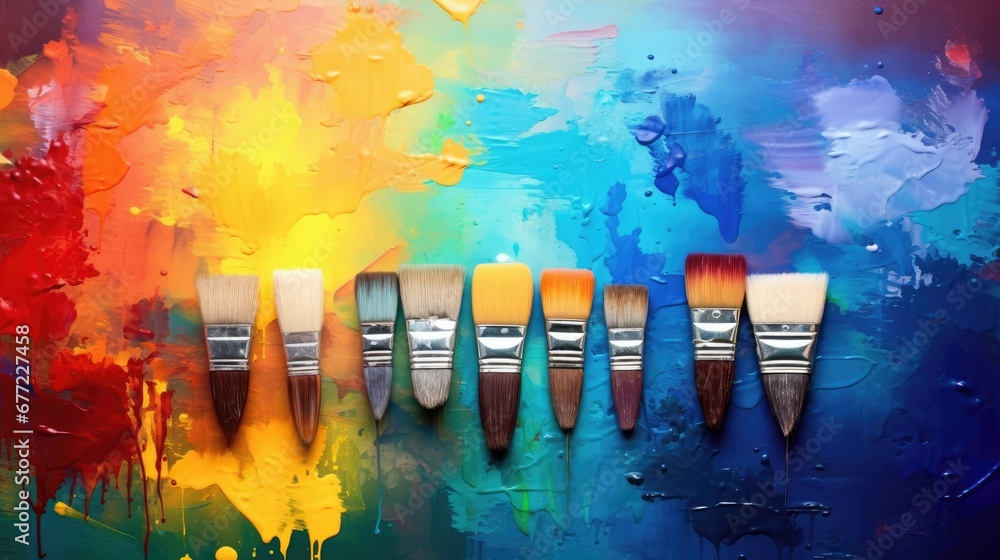 Poster a group of paintbrushes sitting in front of a colorful wall with paint splattered all over it. gener
