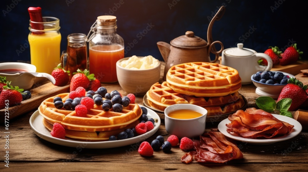 Poster a table topped with waffles covered in fruit next to a plate of bacon and a cup of coffee. generativ