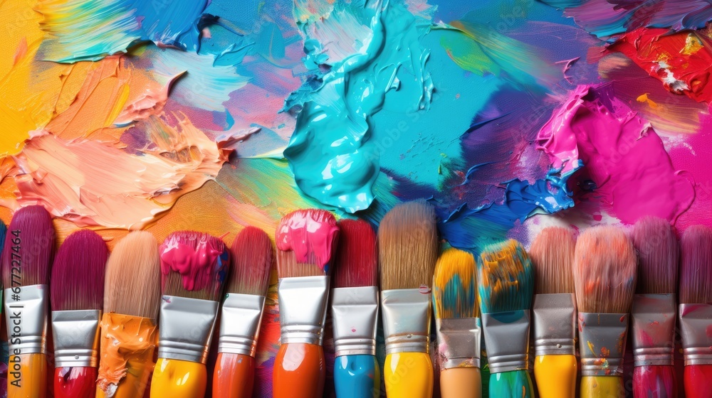 Poster a row of paintbrushes with different colors of paint on the wall in front of the paintbrushes. gener