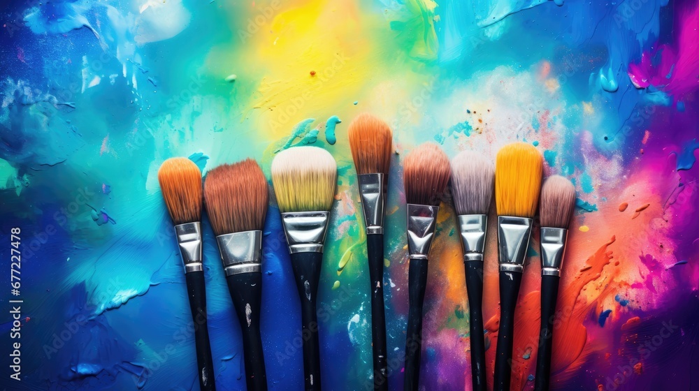 Poster a group of brushes sitting next to each other on top of a blue and purple background with a splash o