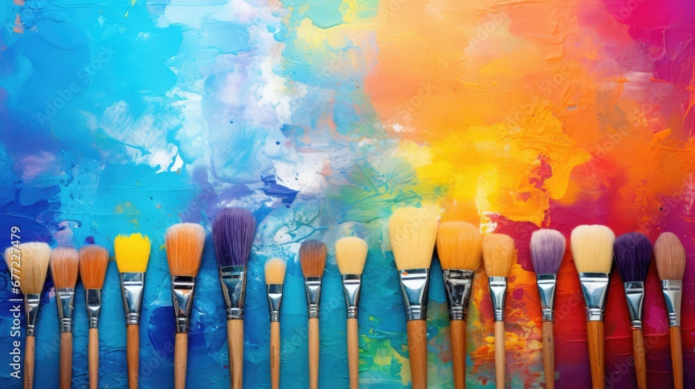 Poster a row of paint brushes in front of a multicolored background with a rainbow - hued wall in the backg