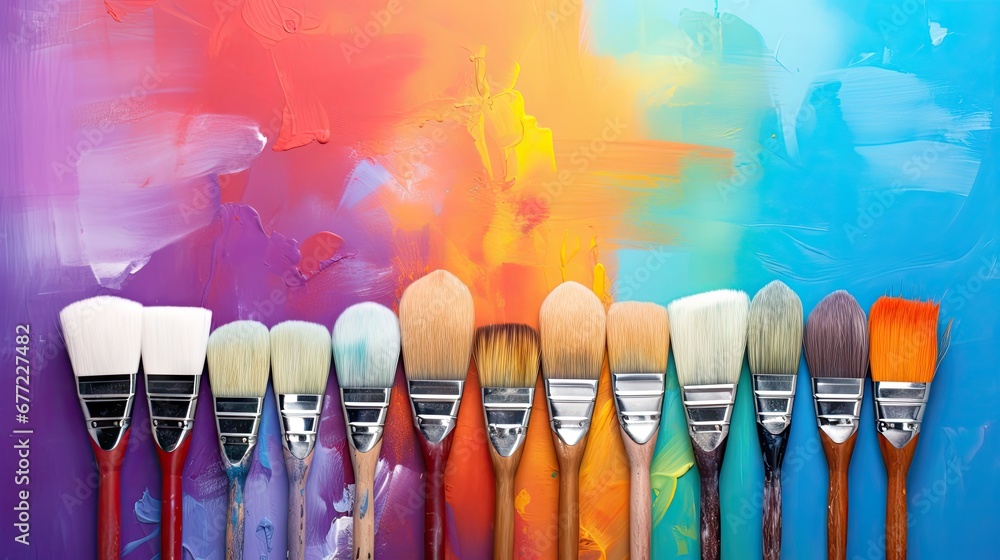 Poster a row of paint brushes lined up in front of a multicolored wall with paint splattered on it. generat