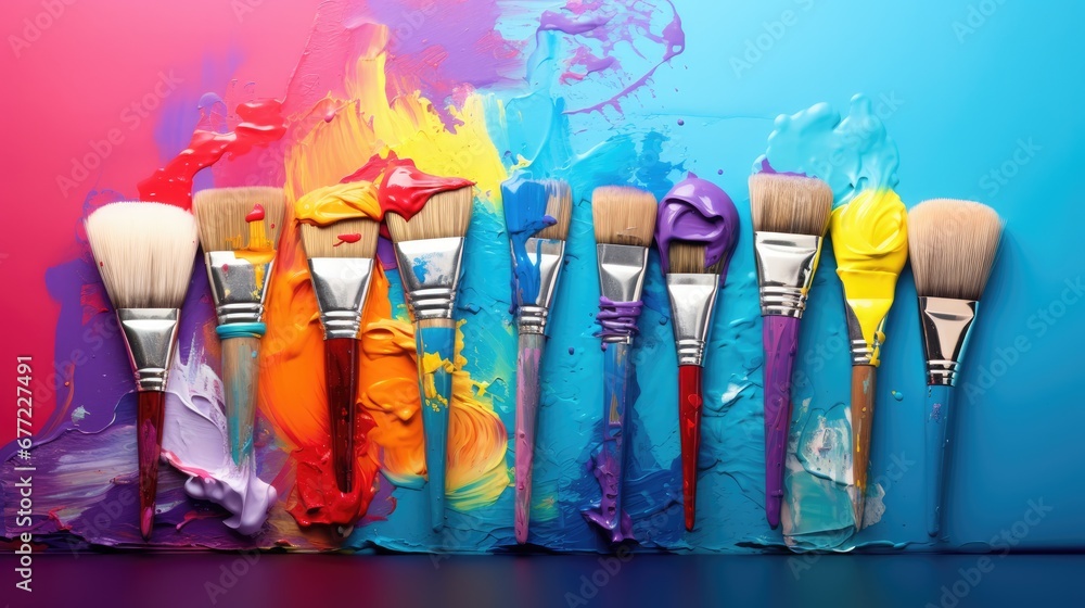 Poster a row of paint brushes sitting next to each other on a blue and pink background with a splash of pai