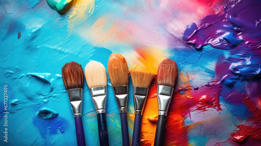 Poster a group of paintbrushes sitting next to each other on a colorful surface with drops of paint on it. 