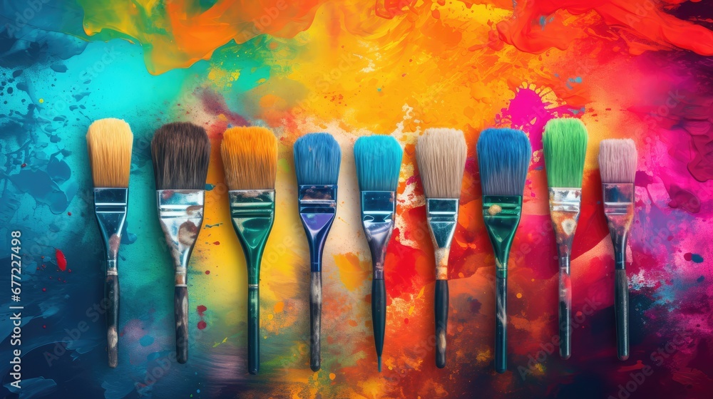Poster a row of paintbrushes sitting in front of a multicolored paint splattered wall and floor. generative