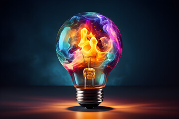 A colorful explosion of paint and light bursts from a creative light bulb, representing a new idea and the concept of brainstorming,