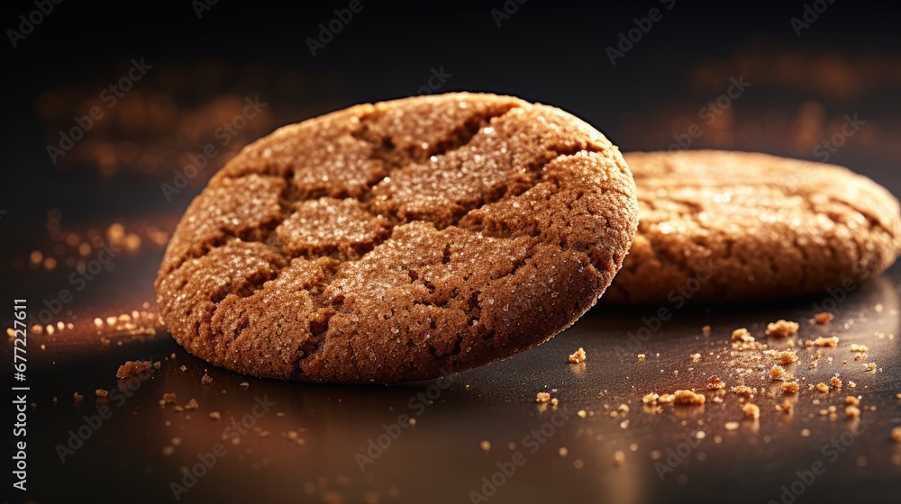 Poster two cookies sitting on top of a table covered in gold flecks next to each other on a black surface. 