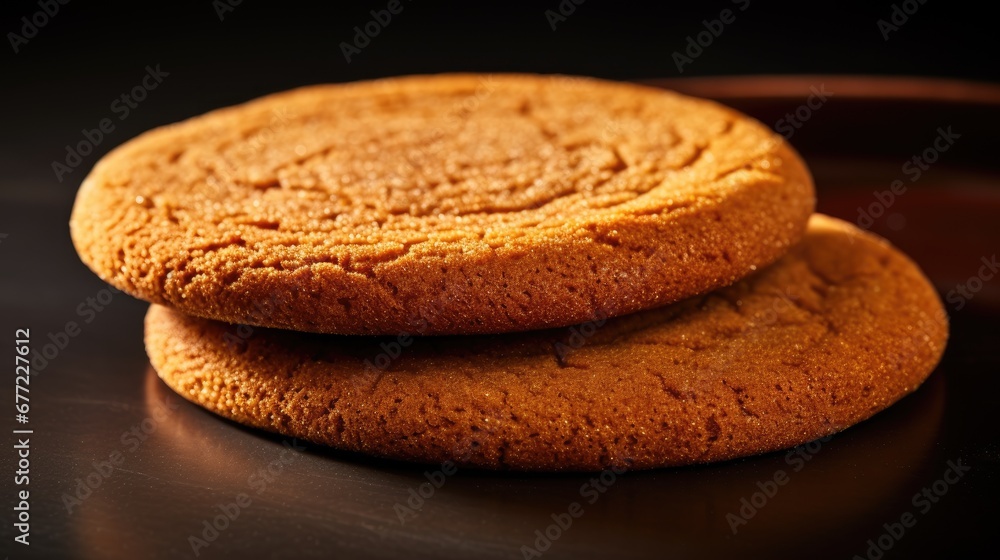 Poster two cookies stacked on top of each other on a black surface with a red bowl of sauce in the backgrou