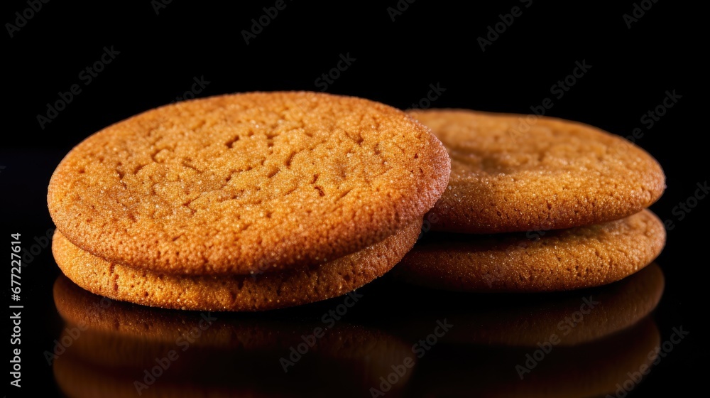 Poster three cookies sitting on top of each other on a black surface with a reflection on the surface and a