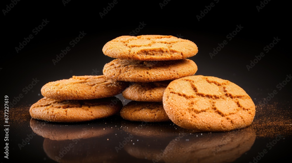 Poster a stack of cookies sitting on top of each other on top of a black surface with a reflection on the g