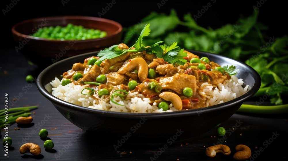 Poster a close up of a bowl of rice with meat and vegetables on a table with a bowl of vegetables in the ba